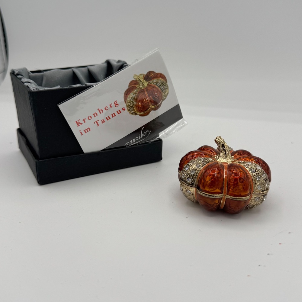 Zanzibar Kronberg im Taunus Enameled Crystal Pumpkin Trinket Box Orange Gold